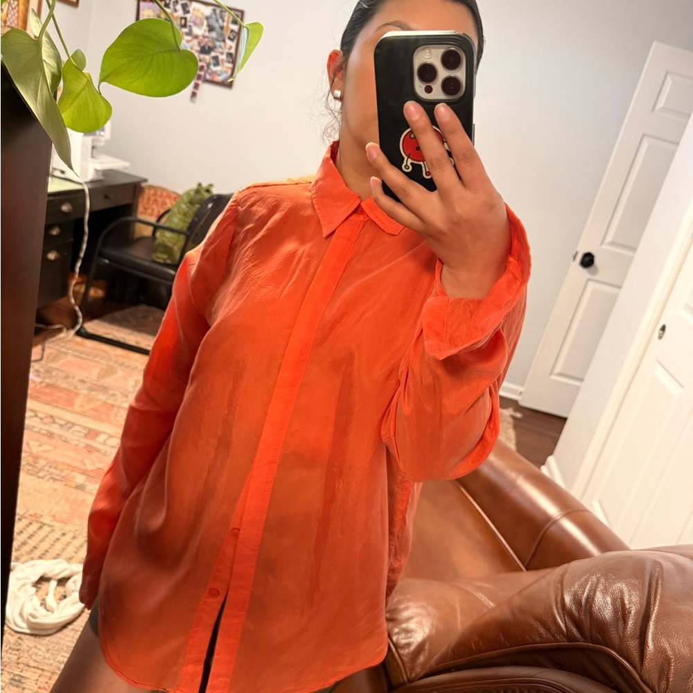 Sheer Orange Button-Up Blouse